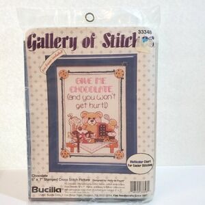 Vtg Gallery Of Stitches Bucilla Stamped Cross Stitch Give Me Chocolate 33348 5x7